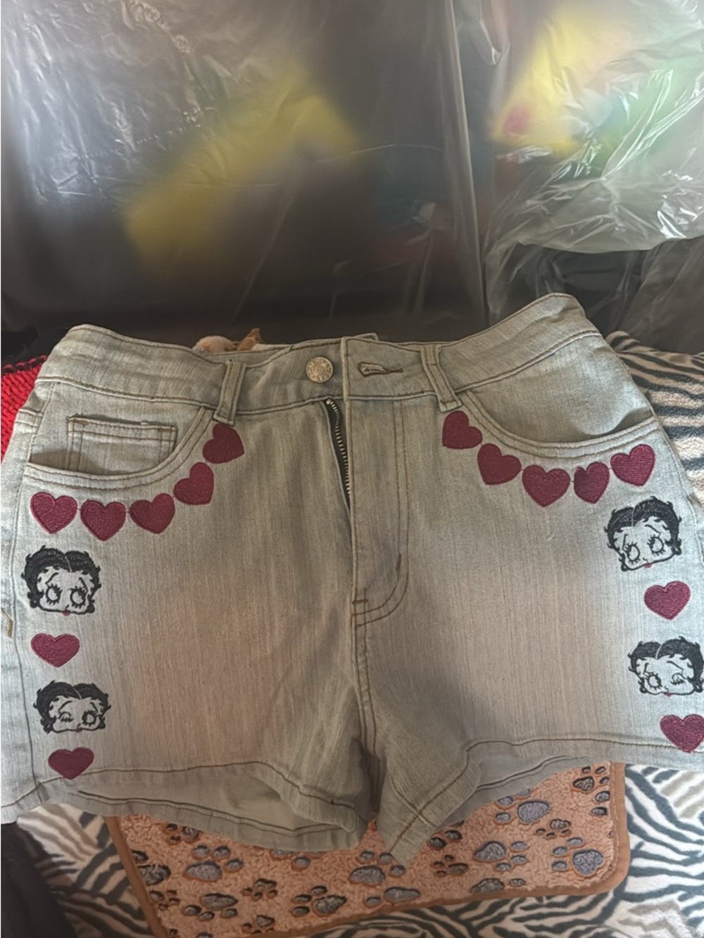 Betty Boop Embroidered Gray Denim Shorts with Maroon Hearts